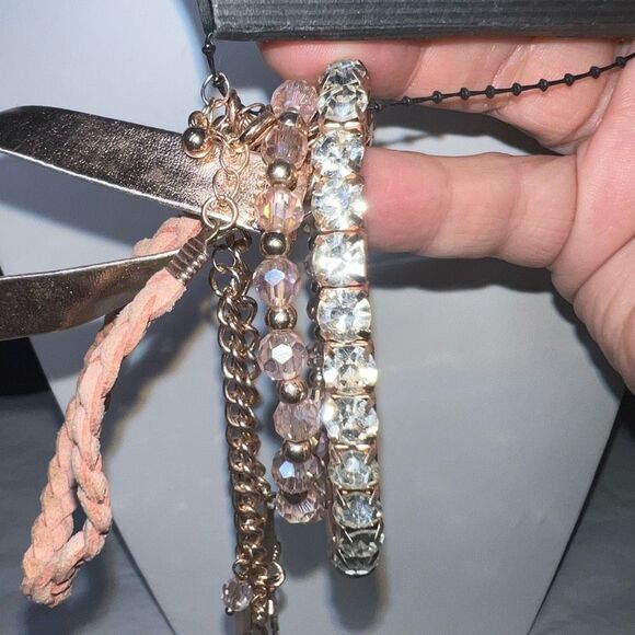 Set of Four Boho Rose Gold Tone‎ Charm, Rhinestone and Leather Bracelets - Picture 3 of 6
